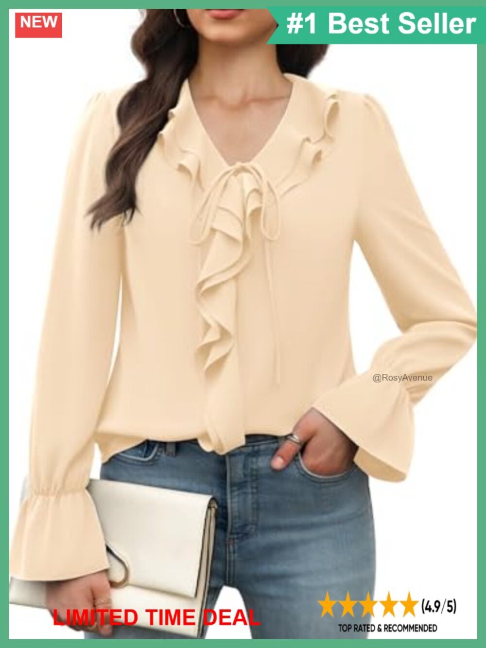 Women's Chiffon Ruffle Long Sleeve V-Neck Blouse Dressy Casual Work Top